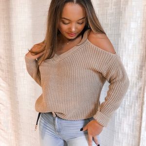 Off the shoulder tan sweater
